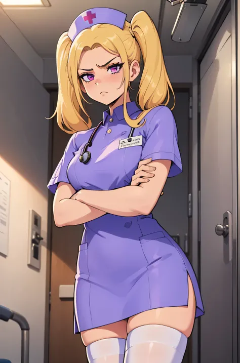 1 girl, alone, nurse, nurse cap, white clothes, ((white legwear, zettai ryouiki)), white gloves, twin tails, yellow hair, purple eyes, anger, crossed arms, Are standing, ((hospital room)), sharp outline, short sleeve, highest quality, masterpiece