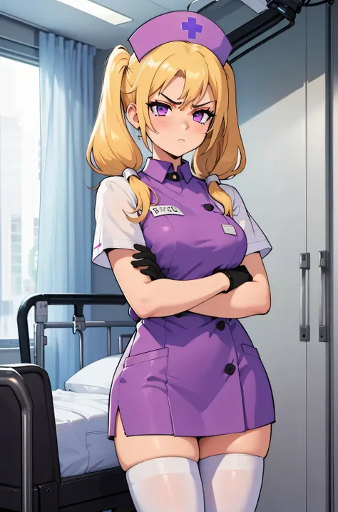 1 girl, alone, nurse, nurse cap, white clothes, ((white legwear, zettai ryouiki)), white gloves, twin tails, yellow hair, purple eyes, anger, crossed arms, Are standing, ((hospital room)), sharp outline, short sleeve, highest quality, masterpiece