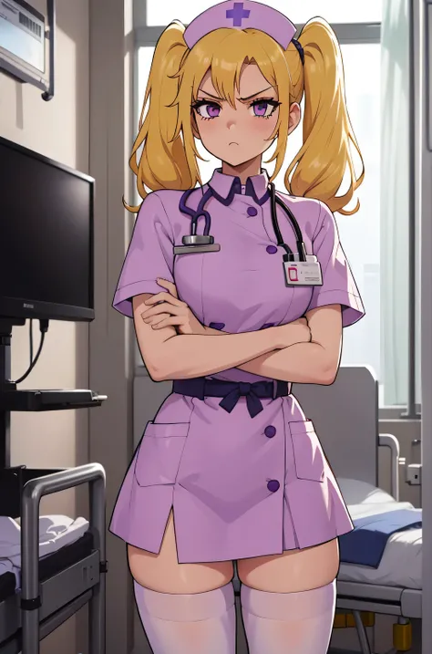 1 girl, alone, nurse, nurse cap, white clothes, ((white legwear, zettai ryouiki)), white gloves, twin tails, yellow hair, purple eyes, anger, crossed arms, Are standing, ((hospital room)), sharp outline, short sleeve, highest quality, masterpiece