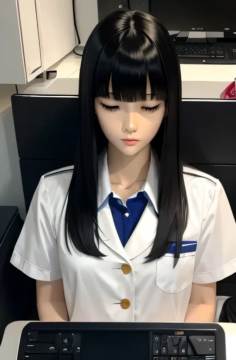 A mannequin is sleeping on a computer,That mannequin is Erika Ikuta.,That mannequin is 40 years old.,mannequin color&#39;The face is pure white.,mannequin color&#39;The body is pure white.,The mannequin has black hair(very flat straight hair,bangs),mannequ...