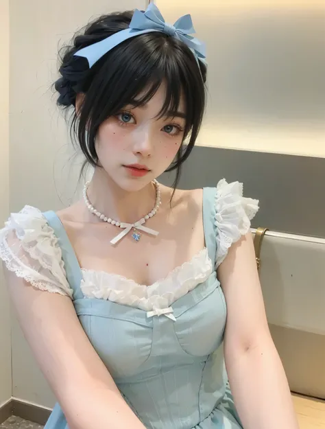 there is a woman in a blue dress sitting,  de vestido, Ulzzang, Bela Delfina, , Sakimichan, fair and pale skin!!, Yoshitomo Nara, pale milky white porcelain skin, pale blue, fofo, shikami, garota de anime na vida real, 8K))