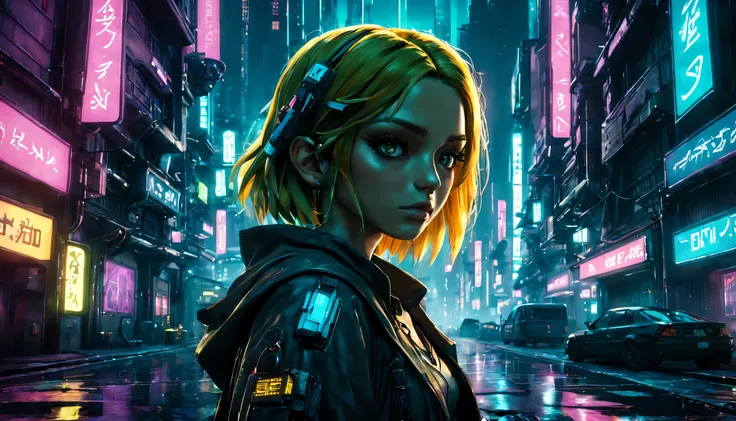 award-winning artwork of Zelda in a cyberpunk setting, neon-lit cityscape, futuristic, gritty, vibrant colors, detailed cybernetic enhancements, holographic projections, urban decay, by renowned digital artist, inspired by Blade Runner, trending on ArtStat...