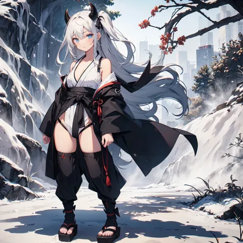 (((Masterpiece))),full shot ,(((1 girl))),standing,holding one arm,black bow ribbon, (((geta))), (((black and white nio-dasuki rope))), black hakama bottoms,white hakama shirts,white ponytail hair, blue eyes, (((two black horns)))