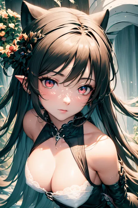 4K quality:1.2,1 girl,sense of depth,confused,catch light,Super beautiful illustration,((black color,long hairstyles:1.3)),dark dark eyeshadow,(((4k,super beautiful,In detail,red eyes))),bright red lipstick,Gothic Lolita,;D,beautiful and delicate hair