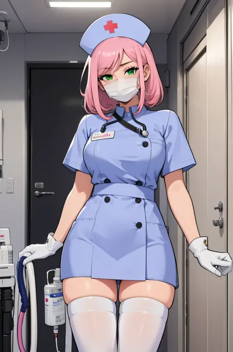 1 girl, alone, nurse, nurse cap, white clothes, ((white legwear, zettai ryouiki)), white gloves, pink hair, green eyes, droopy e...