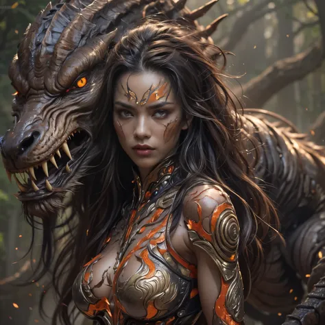 1 female alien, The predator, (extremely beautiful:1.2), (intense gaze:1.4), (predator:1.1), long dark claws, NSFW,  nipples, thick eyebrows, orange eyes, the most beautiful face in the universe, ((There is a female genital-like organ in the middle of her ...