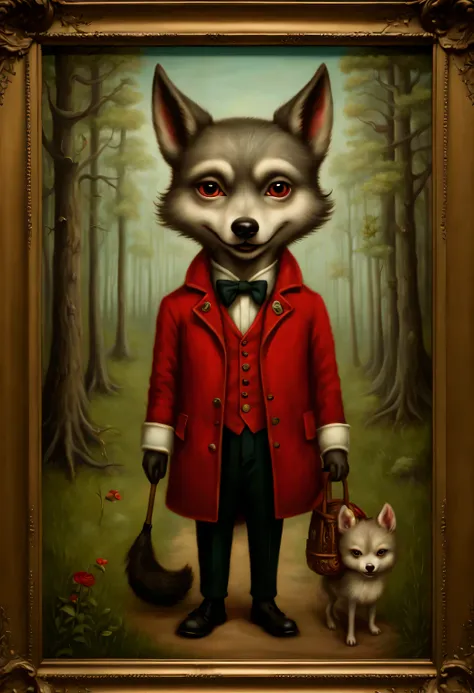 Painting by artist Mark Ryden depicts an anthropomorphic wolf gentleman, who came to visit the girl Little Red Riding Hood with secret intentions., Full compliance with Mark Ryden&#39;s style, High detail, 8K