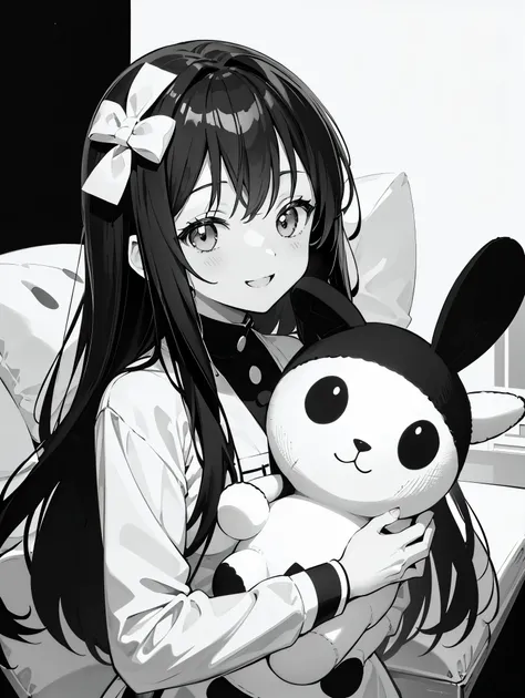 monochrome、Portrait、anime style、1 girl、have a stuffed animal、Peace to the camera、A big smile、Black and white photography style