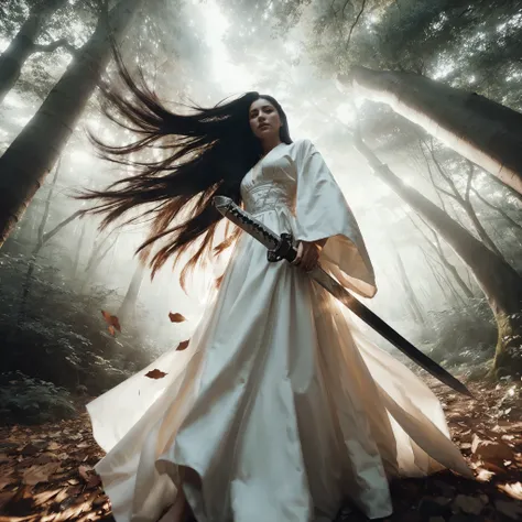 a woman with a sword in a white dress in a forest, elegant cinematic fantasy art, flowing white robes, ross tran 8 k, cgsociety contest winner, in style of dark fantasy art, 4k fantasy art, neoartcore and charlie bowater, cgsociety contest winner!!, fantas...