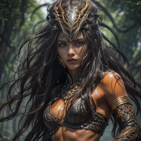 1 female alien, The predator, (extremely beautiful:1.2), (intense gaze:1.4), (predator:1.1), long dark claws, NSFW,  nipples, thick eyebrows, orange eyes, the most beautiful face in the universe, ((There is a female genital-like organ in the middle of her ...