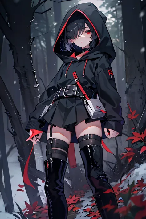 red eyes, black hair, black platform boots, Short hair details, black thigh socks, hair covering one eye, black hoodie, black thigh strap, black belt,night，black skirt，in the forest，in the winter，little girl，Waiting to begin