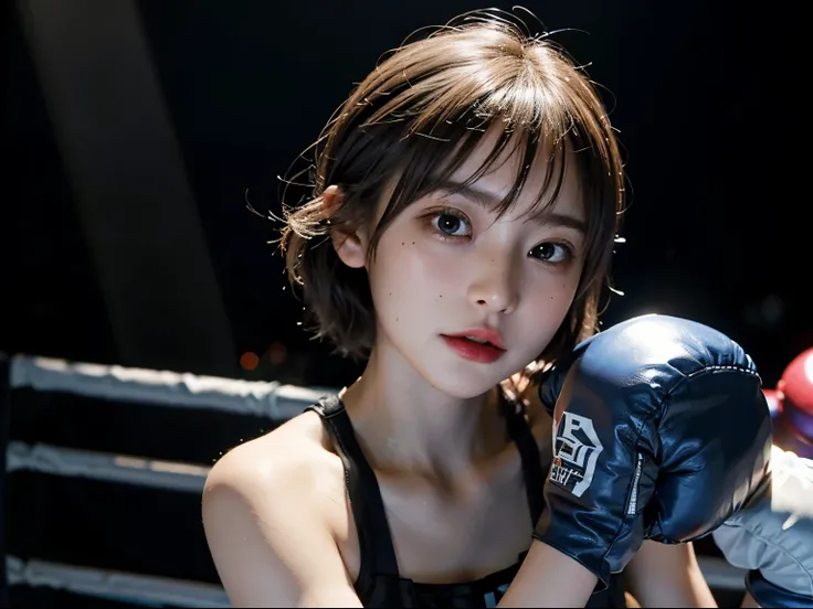 highest quality, Highly detailed CG Unity 8K wallpaper, boxer, (Photoreal:2), Super high resolution, very detailed, surreal, 1 girl, (boxing gloves), Floral,  Colorful_head_hair、(((very_short_head_hair))), Short hair, full shot, looking at the viewer, ((bo...