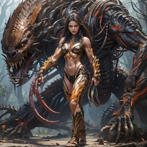 1 female alien, The predator, (extremely beautiful:1.2), (intense gaze:1.4), (predator:1.1), long dark claws, NSFW,  nipples, thick eyebrows, orange eyes, the most beautiful face in the universe, ((There is a female genital-like organ in the middle of her ...