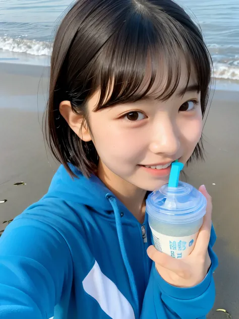 Best quality,raw photo ,a woman drink ,face closeup,19 years old Japanese female idol  , track suit, Short hair, cute face  ,open_mouth, insert in , murky water , overflowing  ,Water spills from robot , interpose ,wet ,selfie, on the beach