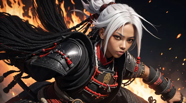 black woman, samurai clothing, Samurai armor, dreadlocks, Ron&#39;s, White hair, red eyes eyelashes, The village is on fire