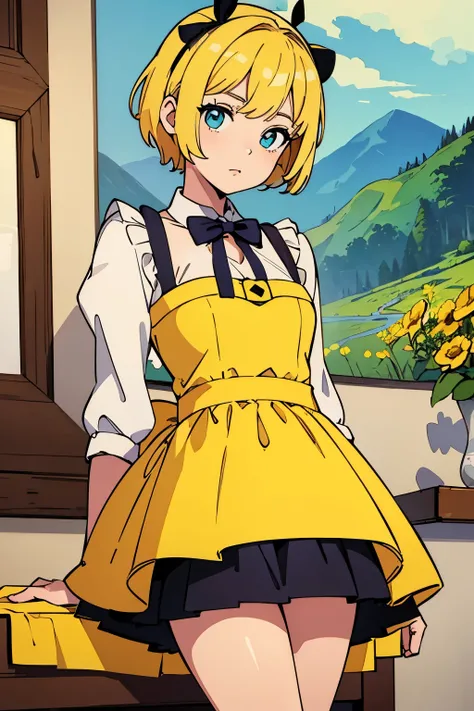 (Best quality:1.1), (Masterpiece:1.4), (Illustration fantastique:1.2), 1fille, cute girl, She wears a bee costume, bee, Short yellow hair