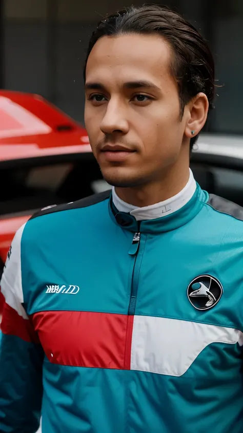 Lewis Hanilton im Vordergrund. Im Hintergrund das Mercedes und Ferrari logo. Behind the colors red and turquoise. Behind Ferrari red and Mercedes turquoise. Beide Farben laufen hinter Lewis Hamilton ineinander