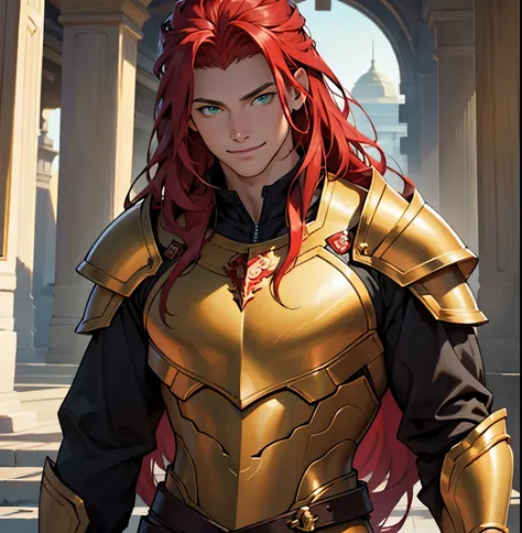 realistic: 1.37, best quality, 4k, 8k, high resolution, masterpiece: 1.2), ultra-detailed, male, a young man with fair skin, very long red hair, dressed in golden armor with straight hair. anatomically correct. Green eyes, temple environment, smile on face...