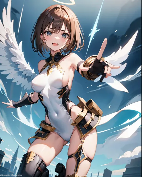 fantasy, 1angel_girl,, ,brown_hair, medium_bob_hair, long_bangs, halo,bare_shoulder,thighhighs,silver_armor, waist_armor, large_breasts,angry,grinning,open_mouth_teeth, 1pair_wings, dynamic_pose_fighting,floating, bare_crotch, headgear,gauntlet, greaves,ci...