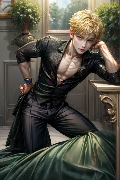 (absurdres, highres, ultra detailed, HDR), masterpiece, best quality, miraculous ladybug character,  1 boy , young boy, male, short blonde hair, handsome face, green anime eyes, adrien, chat noir , detailed interior, detailed character