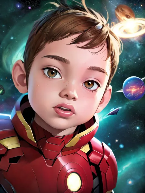 cinematic cartoon style. comic art. tme0224 face, (((a baby boy, 4yo))) in a funny night, brown eyes, (((wearing a red iron-man ...