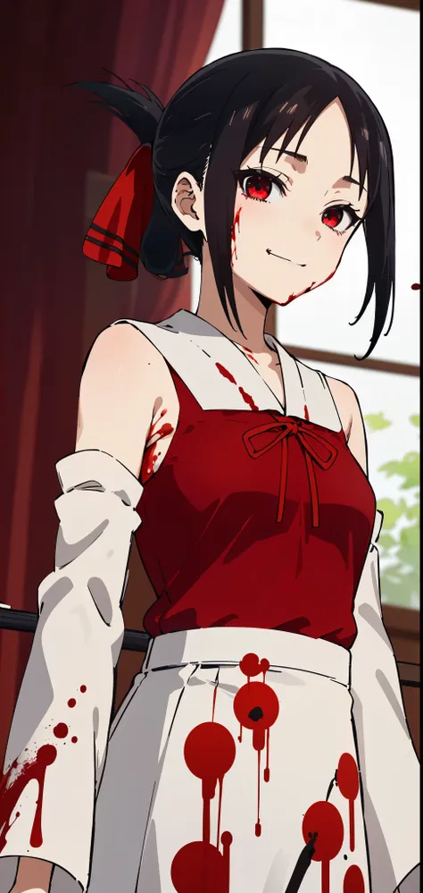 best quality, (masterpiece:1.2), detailed,
shinomiya kaguya,
1girl, solo, closed mouth, light smile,
black hair, red eyes, short...