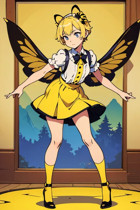 (Best quality:1.1), (Masterpiece:1.4), (Illustration fantastique:1.2), 1fille, cute girl, She wears a bee costume, bee, Short yellow hair, Very very short skirt, She flies with her wings, Bee wings