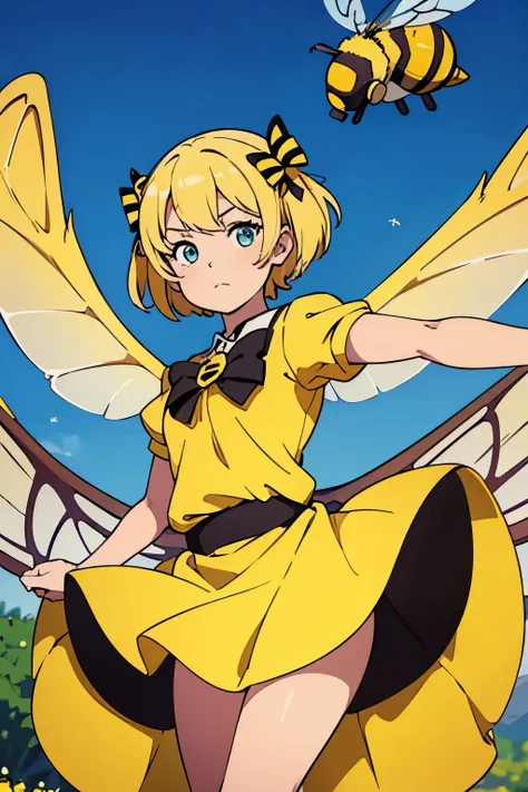 (Best quality:1.1), (Masterpiece:1.4), (Illustration fantastique:1.2), 1fille, cute girl, She wears a bee costume, bee, Short yellow hair, Very very short skirt, She flies with her wings, Bee wings