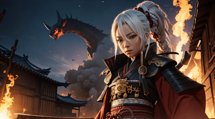 black woman, samurai clothing, Samurai armor, dreadlocks, Ron&#39;s, White hair, red eyes eyelashes, The village is on fire, divine Light, Demon Mask