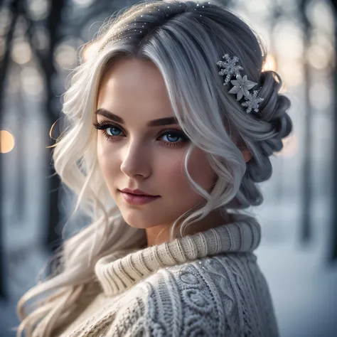 highly detailed, close up, depth of field, cinematic lighting, beautiful woman, snow white hair, wavy hair, messy updo, cozy wool sweater