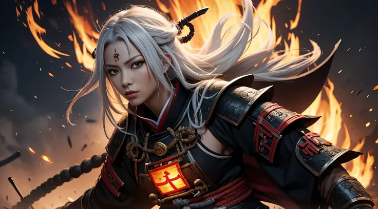 black woman, samurai clothing, Samurai armor, dreadlocks, Ron&#39;s, White hair, red eyes eyelashes, The village is on fire, divine Light, Demon Mask