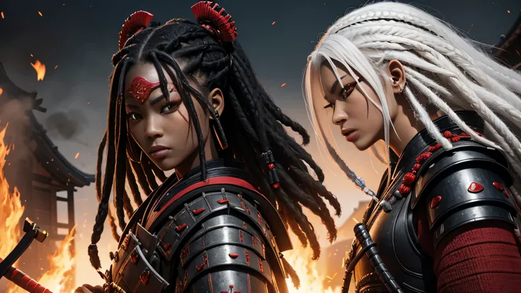 black woman, samurai clothing, Samurai armor, dreadlocks, Ron&#39;s, White hair, red eyes eyelashes, The village is on fire, divine Light, Demon Mask