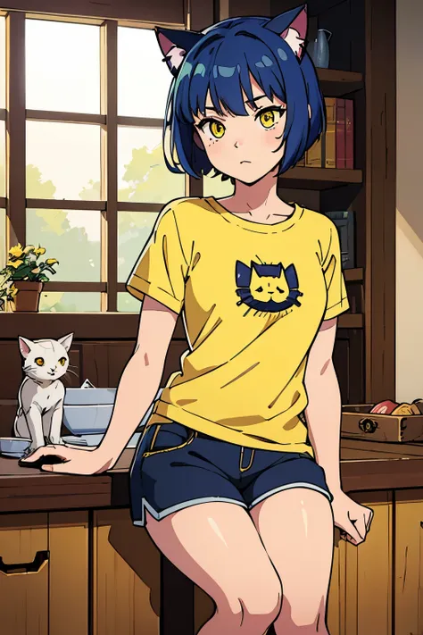 (Best quality:1.1), (Masterpiece:1.4), (Illustration fantastique:1.2), 1fille, cute girl, Short blue hair, yellow eyes, cat ears, cat tail, yellow shirt, black shorts