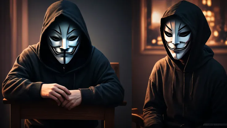 darkness dark web evil hacker, solo, close shots, using anonymous mask, dark art,obscure,4k  sitting on a chair