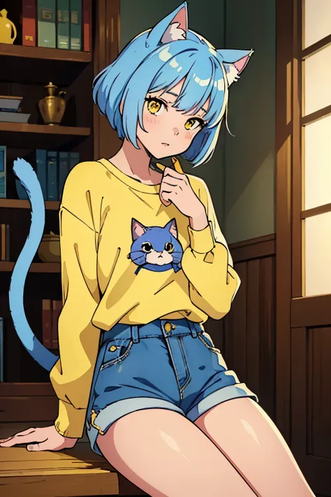 (Best quality:1.1), (Masterpiece:1.4), (Illustration fantastique:1.2), 1fille, cute girl, Short light blue hair, yellow eyes, cat ears, cat tail, yellow shirt, black shorts