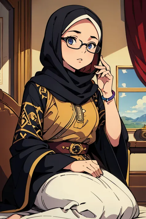 (Best quality:1.1), (Masterpiece:1.4), (Illustration fantastique:1.2), 1fille, cute girl, A 13-year-old girl, wearing an Arabic hijab, black patterned clothes, and eyeglasses