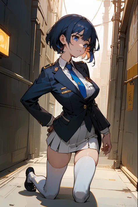 masterpiece,best quality,detailing,(depict the background、The background is Manhattan at night with a dimly lit back alley outdoors.)、1woman solo,female police officer、25 year old beauty、extremely beautiful detailed anime face and eyes,dark blue hair,short...