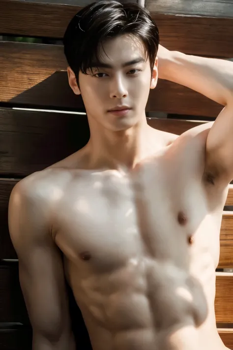 top quality, ultra high resolution, (photorealistic: 1.4), Cha eun woo, shirtless, showing armpit, dynamic angles, handsome, perfect face, perfect body, natural light, raw, detailed, best quality, 8k