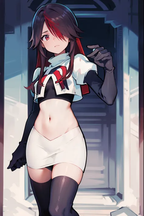 rosariarnd, hair over one eye,team rocket,team rocket uniform, red letter R, white skirt,white crop top,black thigh-highs,black elbow gloves