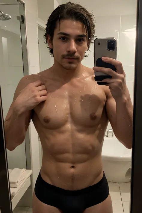 Handsome boy , light mustache, hot body , medium curly hair , mirror selfie, best quality like its taken by iPhone 12, his body is wet after taking a shower, his skin is tanned, wearing black brief