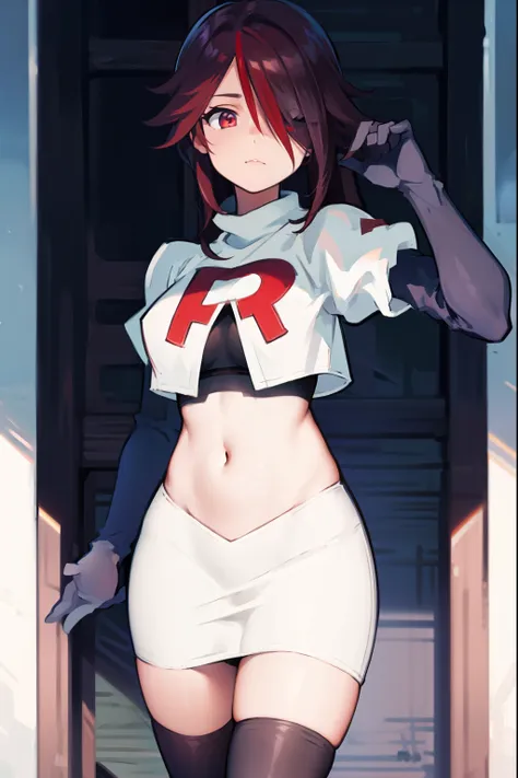 rosariarnd, hair over one eye,team rocket,team rocket uniform, red letter r, white skirt,white crop top,black thigh-highs,black ...