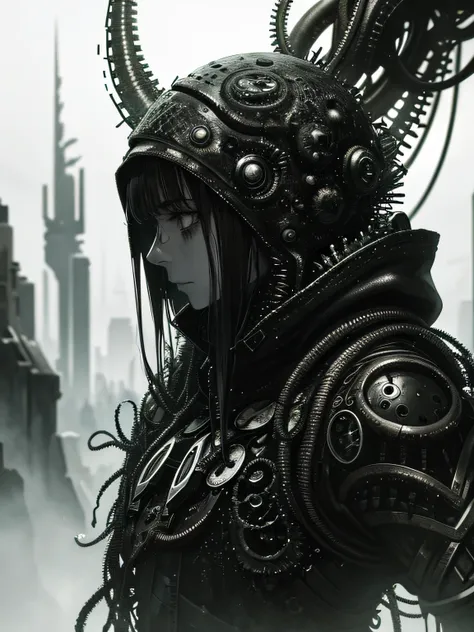 ((Biopunk art of dark tentacles)), hopeless art, dark art, dystopian art, ((dark biopunk)), 1 girl, archer, metal hood, dark oily liquids, devastated environment, Gloomy landscapes, highly detailed art, very detailed background