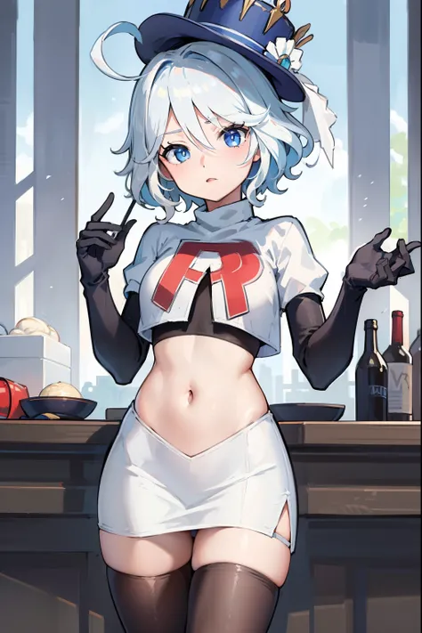 ((masterpiece,best quality)), 1girl, furina, heterochromia, short hair, blue hat, team rocket,team rocket uniform,red letter R, white skirt,crop top, black thigh-highs,black elbow gloves,