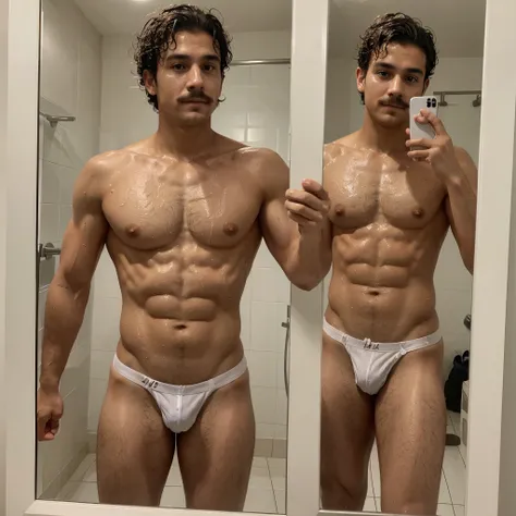 Handsome boy , light mustache, hot body , medium curly hair , mirror selfie, best quality like its taken by iPhone 12, his body is wet after taking a shower, his skin is tanned, wearing white brief
