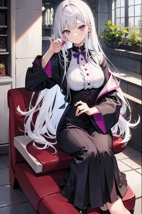 White hair mixed with light purple、long hair、red and red-purple odd eyes、ephemeral、Looks smart、、baggy clothes、sitting on a lilac chair、girl、vampire