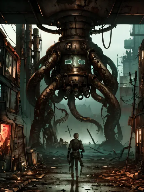 (((Fallout 4 game style))), ((Biopunk art of dark tentacles)), Biopunk girl, archer, metal hood, hopeless art, dark art, dystopian art, ((dark biopunk)), dark oily liquids, devastated environment, Gloomy landscapes, highly detailed art, very detailed backg...