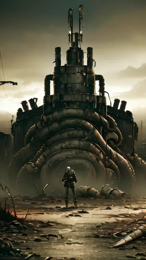 (((Fallout 4 game style))), ((Biopunk art of dark tentacles)), Biopunk girl, archer, metal hood, hopeless art, dark art, dystopian art, ((dark biopunk)), dark oily liquids, devastated environment, Gloomy landscapes, highly detailed art, very detailed backg...