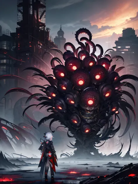 (((Genshin Impact Playstyle))), ((Biopunk art of dark tentacles)), Biopunk girl, archer, metal hood, hopeless art, dark art, dystopian art, ((dark biopunk)), dark oily liquids, devastated environment, Gloomy landscapes, highly detailed art, very detailed b...