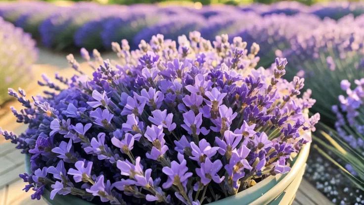 A close-up of the lavender-themed one appears，The details of the lavender plant are magnified，（Purple lavender flower 1.5），They bloom in green leaves，The sun shines on the lavender，Create soft spots of light，Emphasize the beauty of the flowers。From the poi...