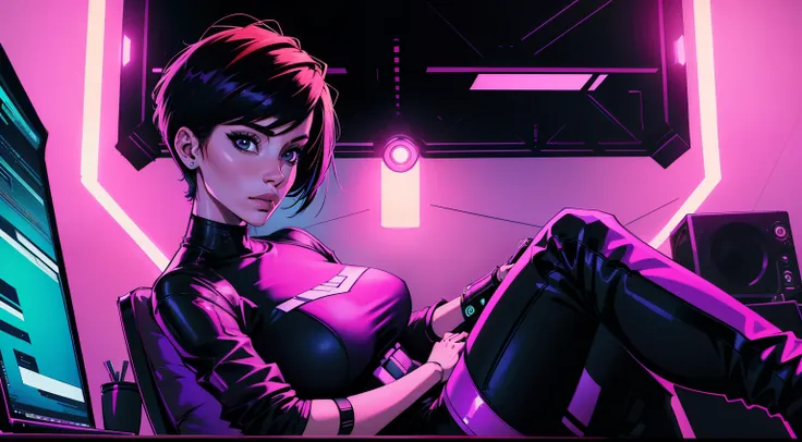 Portrait of a woman sitting in a chair in a studio, looking straight and center, colorful cyberpunk, short hair, center portrait, sitting straight, front view, portrait, center looking at a straight, laptop on a table In front of her